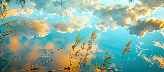 Aufkleber - Scenic view of yellow clouds reflected on a lake with a blue sky backdrop and tall reeds ideal for copy space image
