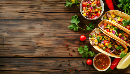 Delicious tacos with vegetables, meat and sauce on wooden table, flat lay. Space for text