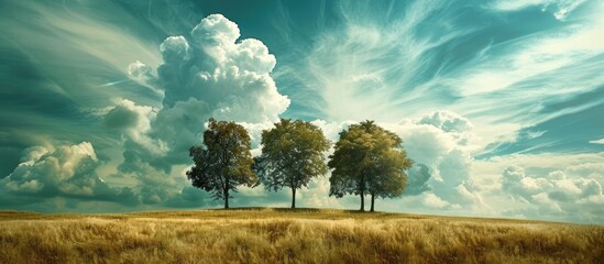 Aufkleber - Scenic landscape with trees in a field set against a cloudy blue sky perfect for a copy space image