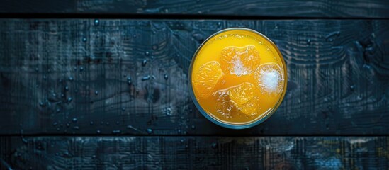 Aufkleber - Top view of a cool glass of orange juice with ice on a dark wooden surface featuring ample space for additional elements in the image