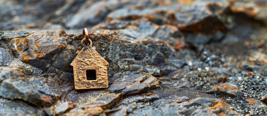 Aufkleber - House shaped pendant on a natural rock surface background with a copy space image for text representing concepts of real estate buying moving and renting property