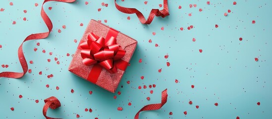 Poster - A festive composition showing a holiday gift box with a bow surrounded by red satin tape on a light blue backdrop with copy space image conveying a surprise concept