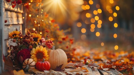 Poster - Autumn scene with pumpkins, sunflowers, and bokeh lights, embracing the vibrant colors and cozy ambiance of the fall season.