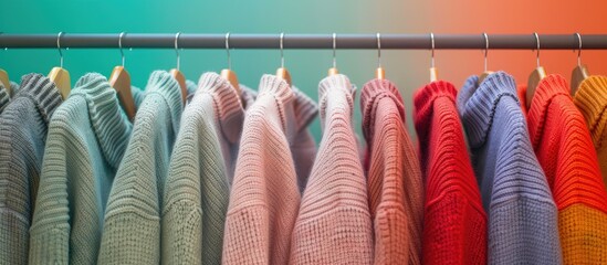 Poster - Warm sweaters displayed on rack with colorful backdrop providing copy space image