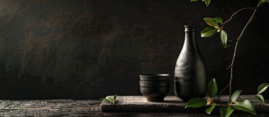 Poster - Black background with Japanese sake cup and bottle creating an aesthetic copy space image