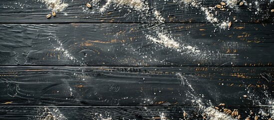 Aufkleber - Dark black wooden background with wheat flour scattered providing copy space image from a top view ideal for cooking or baking themes