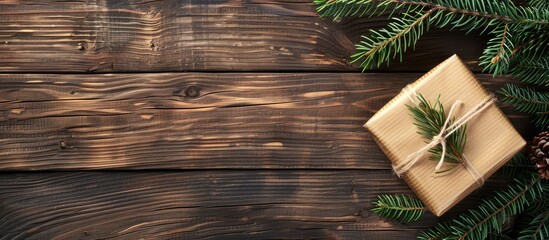 Aufkleber - Wooden table holds a Christmas gift box and fir tree branch creating a festive setting with a copy space image