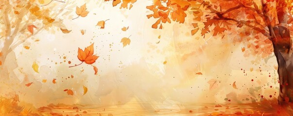 Poster - Beautiful autumn landscape with falling leaves, warm colors, and soft light. Perfect for seasonal backgrounds and nature-themed projects.