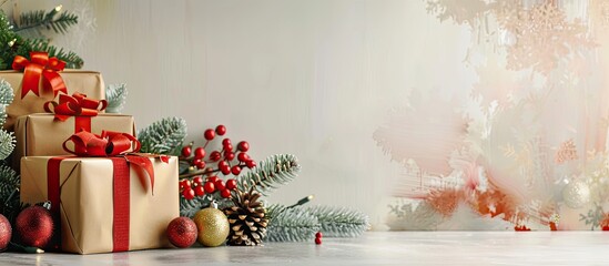 Poster - Festive Christmas gifts displayed on a table with a light wall background providing a stunning copy space image