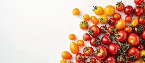 Poster - Fresh farm tomatoes in red yellow and other hues displayed in a top view flat lay on a white background with ample copy space image