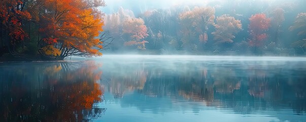 Poster - Serene autumn lake scene with foggy reflections and colorful fall foliage, creating a peaceful and tranquil atmosphere.