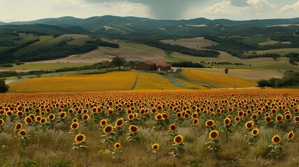 Poster - landscape with sunflower field 