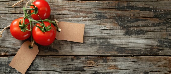 Aufkleber - Tomato vegetable with price tag displayed on a wooden background in a copy space image