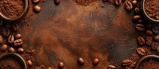 Aufkleber - Coffee themed background featuring a variety of coffee products like beans ground coffee instant coffee pads and capsules in a vintage style with a top down perspective and space for additional image