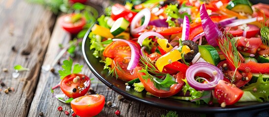 Wall Mural - Plate of fresh vegetable salad with a healthy food concept displayed in a copy space image