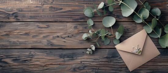 Poster - Top down view of a eucalyptus branch and a decorative envelope placed on a wooden surface with space available for adding text. with copy space image. Place for adding text or design