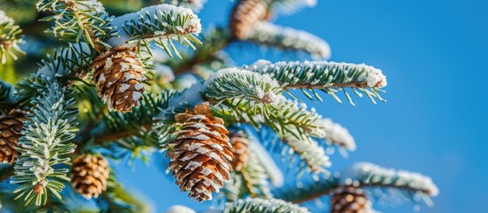 Poster - Close up of a green spruce tree adorned with cones covered in snow and frost against a blue sky background perfect for a winter themed greeting or Christmas card with ample copy space image
