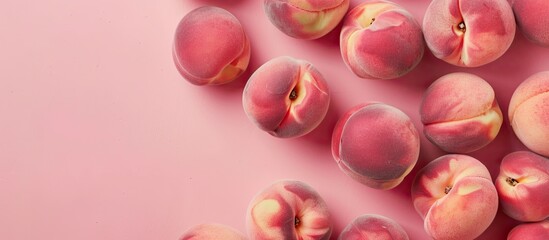 Aufkleber - Top view of fresh peaches arranged on a soft pink surface with a peach frame allowing space for additional content in the image