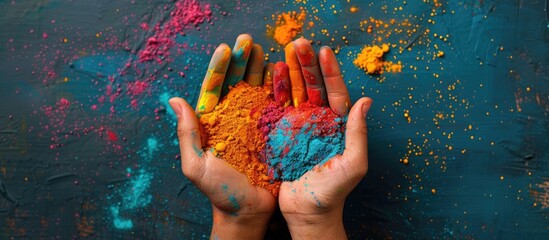Poster - Overhead view of hands holding colorful Holi powder paint with ample copy space image