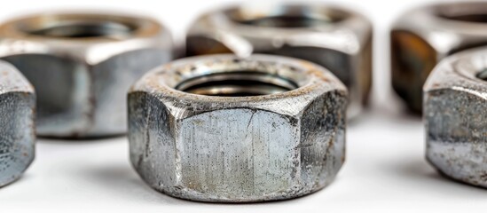Poster - Close up studio macro photograph of a set of steel nuts on an isolated white background showing scratches with copy space image