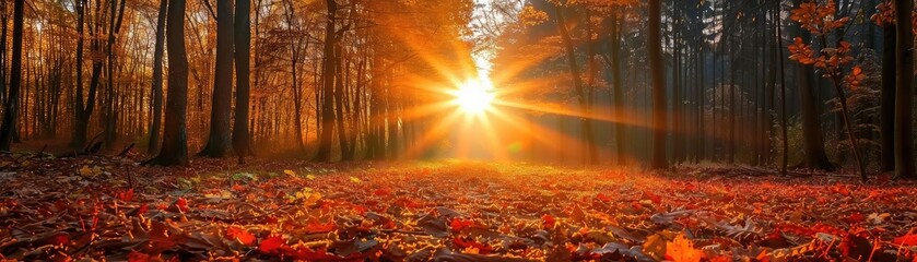 Poster - Sunset in a forest with vibrant autumn foliage, casting a golden glow through the trees, creating a serene and picturesque landscape.