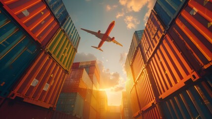 Wall Mural - Container yard with cargo plane flying in the sky. Concept of Cross-Border e-commerce container enabling businesses to expand internationally and reach global markets.