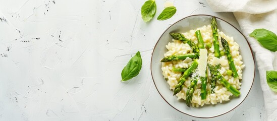 Poster - Top view of Italian risotto with fresh spring asparagus and flavorful Parmesan cheese on a bright background featuring ample copy space image