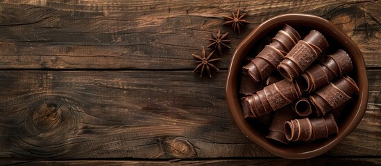 Fototapete - Top view of a delectable bowl of chocolate wafer rolls on a rustic wooden surface with ample copy space for text ideal for food lovers