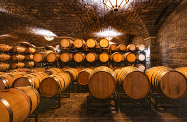 Wall Mural - Oak barrels in the cellar of the winery	