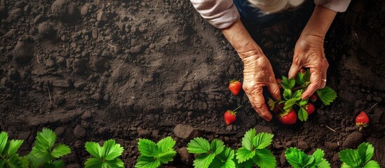 Canvas Print - Elderly woman planting strawberries in garden soil next to a banner displaying copy space for images Spring gardening with seedlings