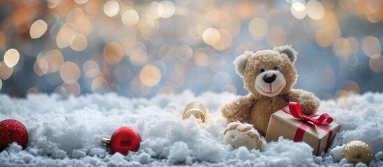 Poster - Snow covered scene with a Teddy bear and gift box amidst Christmas decorations providing copy space against a blurred bokeh background