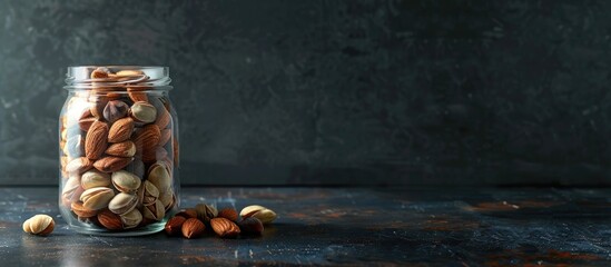 Poster - various nuts in a jar on a dark background with copy space image ideal for a nutritious snack alongs
