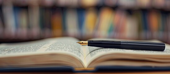 Poster - Selective focus on a black pen resting on an open book with a shallow depth of field providing a blurred background ideal for a copy space image