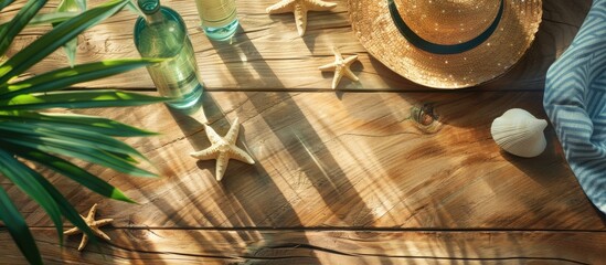 Poster - Summer accessories displayed on a wooden surface evoking the essence of the summer season with a refreshing copy space image
