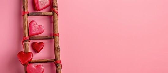 Poster - Postcard or invitation template featuring a wooden ladder adorned with red hearts against a pink backdrop in a close up copy space image