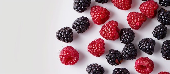 Leinwandbilder - Close up of red and black raspberries on a white backdrop with copy space image