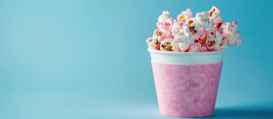 Aufkleber - Pink berry flavored popcorn in a paper cup against a blue backdrop with available copy space image