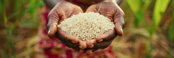 Wall Mural - World Rice Day. rice harvesting. a handful of rice