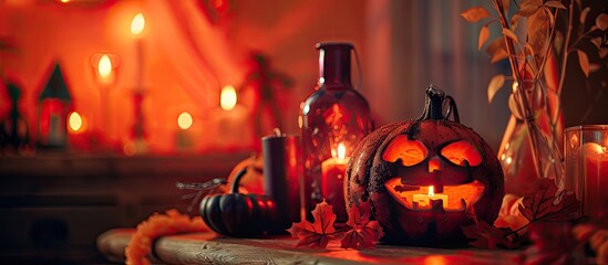 Poster - A Halloween themed setup with spooky home decor on an orange backdrop showcasing a selective focus effect and a toned aesthetic ideal for a copy space image