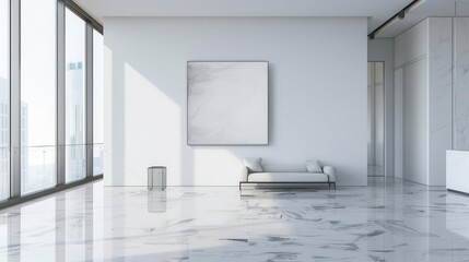 minimalist mockup of blank white canvas in sleek modern office marble floors designer furniture large windows natural light clean lines emphasizing simplicity and sophistication