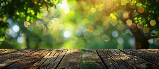 Sticker - Green tree bokeh creates an abstract blur background on a wooden table with a copy space image