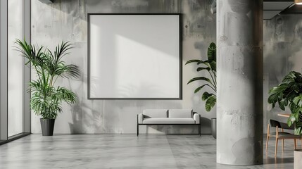 Poster - minimalist office space with textured concrete pillar empty poster frame as focal point lush indoor plants adding organic touch sleek furniture and natural light emphasizing modern design aesthetic