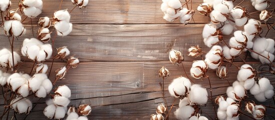 Leinwandbilder - White cotton flowers arranged elegantly on a wooden backdrop creating a serene composition with plenty of space for additional elements in the image