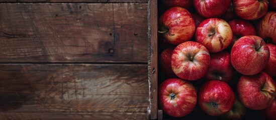 Poster - Top down view of a wooden crate with fresh juicy apples on a table offering room for text in the empty area beside the image. with copy space image. Place for adding text or design