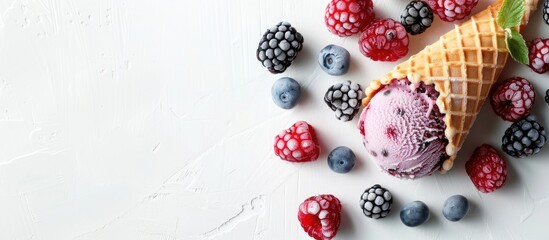 Aufkleber - Frozen berries spill from a waffle ice cream cone on a white backdrop embodying a summer theme with copy space image