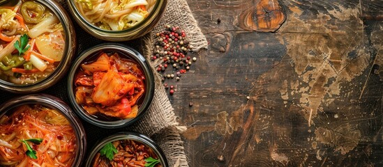 Aufkleber - Top view of fermented vegetarian foods like cabbage kimchi and marinated tomatoes in sour glass jars displayed on a rustic kitchen table creating a canned food concept with a copy space image