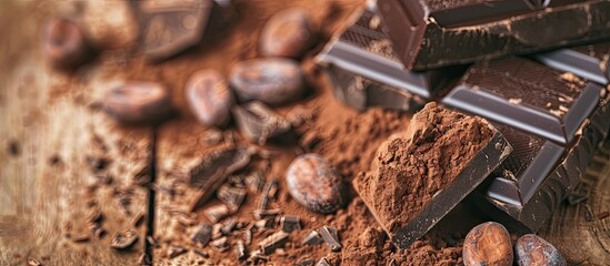 Fototapete - Selective focus on dark chocolate cocoa solids and cocoa powder on a wooden background with a clear copy space image