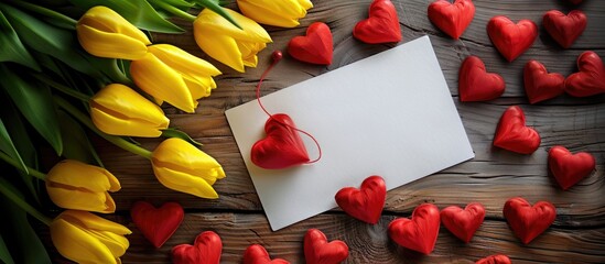 Poster - Conceptual image for Valentine s Day Women s Day or Mother s Day featuring a blank sheet with a red heart surrounded by many red hearts and a bunch of yellow tulips. with copy space image
