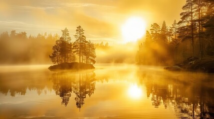 Wall Mural - misty lake at dawn golden sunlight pierces through fog silhouetting trees and reflecting off still waters creating ethereal landscape