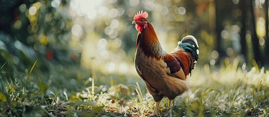 Poster - A chicken roams freely in an outdoor setting with copy space image